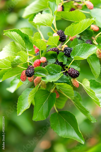 Black and red mulberries on the branch of tree. Mulberry tree.
