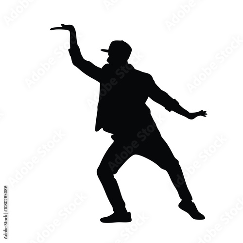 A man is dancing in the air. He is wearing a hat. The man is wearing a black shirt