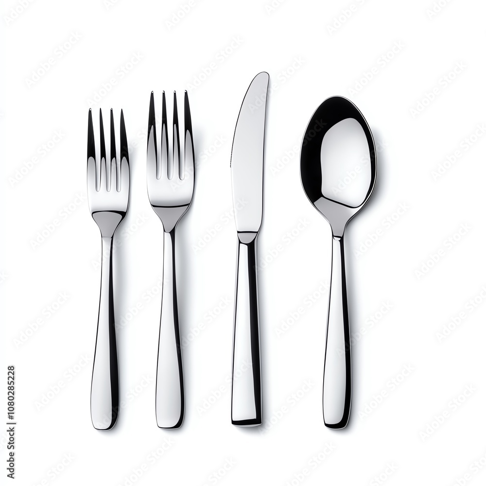 A classic set of stainless steel cutlery including a knife, fork, and spoon arranged neatly on a white background. A classic set of stainless steel cutlery including a knife, fork, and spoon arranged neatly on a white background.