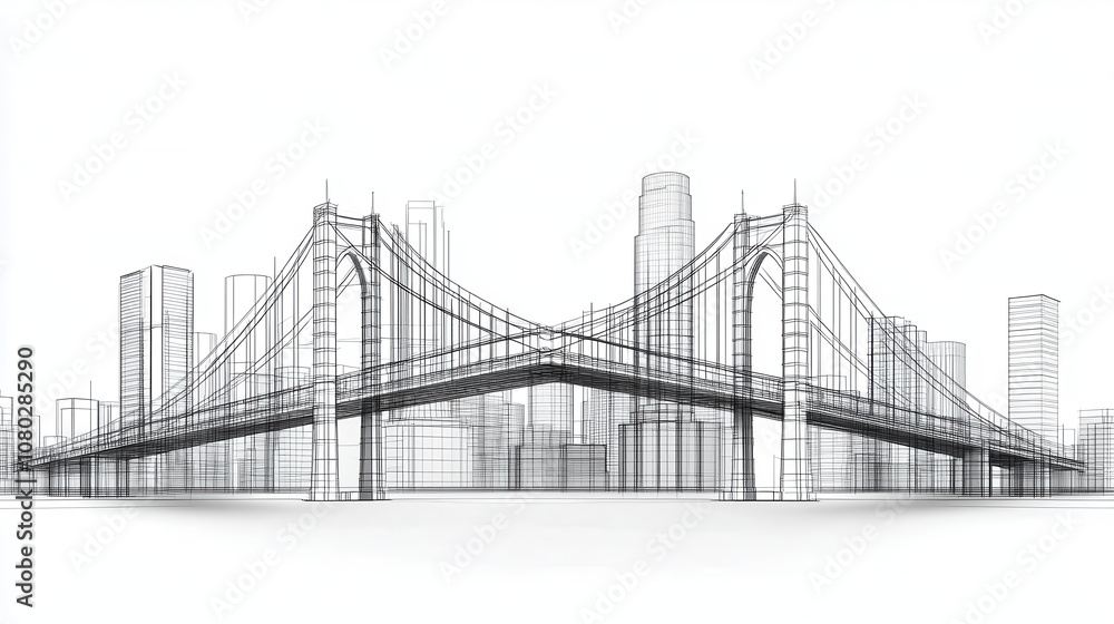 grand suspension bridge design with elevation view, showcasing intricate architectural lines against city skyline. structure embodies modern engineering and urban aesthetics grand suspension bridge design with elevation view, showcasing intricate architectural lines against city skyline. structure embodies modern engineering and urban aesthetics