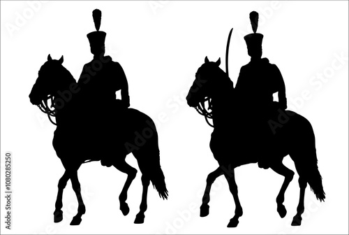 Light cavalry - french Hussar. Mounted soldier of the Napoleonic army. Historical cavalry vector drawing.	