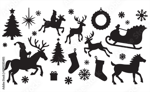Set of christmas theme icons silhouette, black and white vector  clipart 