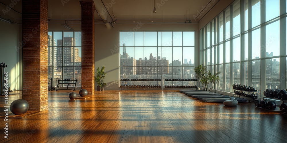 Empty gym with hardwood floors and large windows overlooking the city. Empty gym with hardwood floors and large windows overlooking the city.