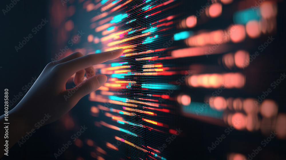 hand hovering over vibrant 3D digital catalog interface, showcasing colorful data streams and patterns. interaction evokes sense of exploration and technology hand hovering over vibrant 3D digital catalog interface, showcasing colorful data streams and patterns. interaction evokes sense of exploration and technology