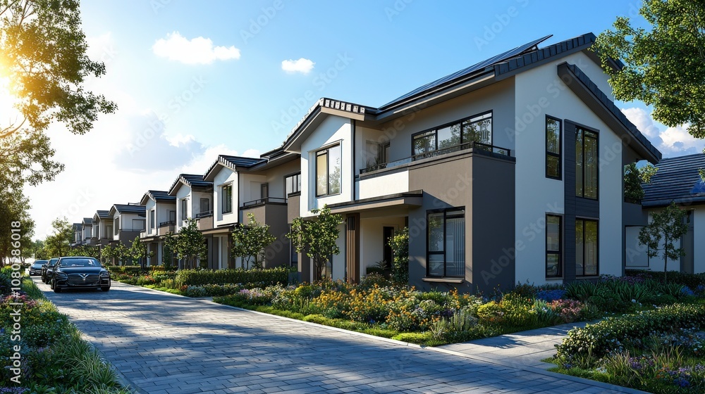 A row of contemporary suburban houses lines a landscaped street, showcasing modern architectural design and lush gardens under a clear blue sky. A row of contemporary suburban houses lines a landscaped street, showcasing modern architectural design and lush gardens under a clear blue sky.