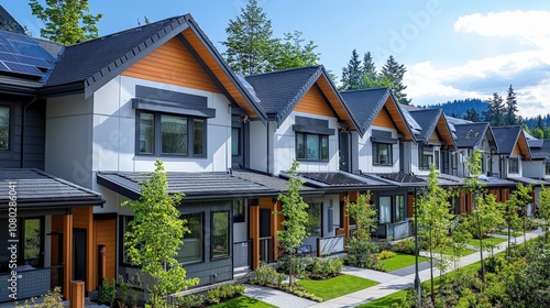 A beautiful alignment of modern townhouses features stylish architectural elements, energy-efficient designs, and serene landscaping on a sunny day.