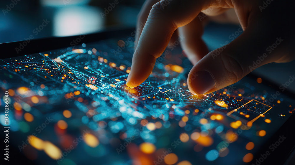 Hand swiping on tablet displaying digital interface with vibrant lights and data visualization, showcasing technology and innovation Hand swiping on tablet displaying digital interface with vibrant lights and data visualization, showcasing technology and innovation