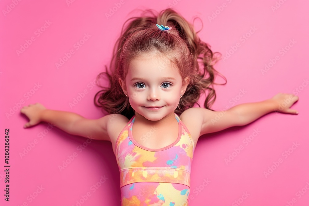 A young girl wearing a swimsuit poses against a bright pink background A young girl wearing a swimsuit poses against a bright pink background