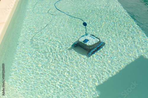 The robot pool cleaner cleans the bottom of the pool with clean water on a sunny summer day. The concept of cleaning swimming pools in hotels, resorts and country houses.