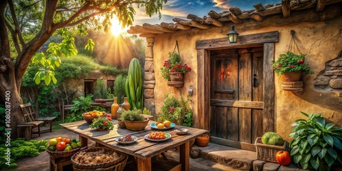 Rustic Adobe Structure with Wooden Door and Natural Vegetation - A Captivating Food Photography Background for Farm-to-Table Cuisine and Organic Delights