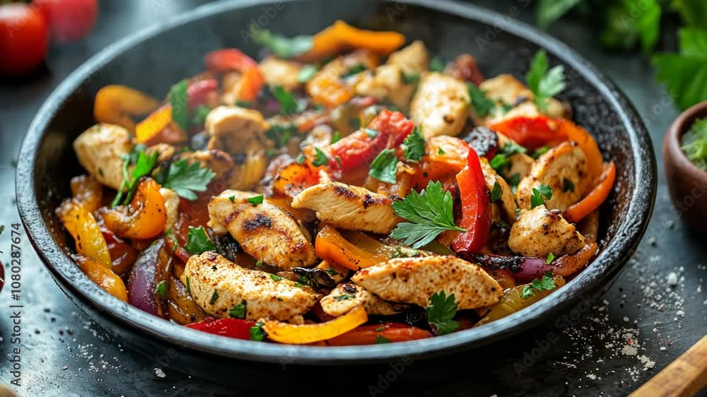 A skillet of chicken and bell peppers with fresh parsley is ready to be served A skillet of chicken and bell peppers with fresh parsley is ready to be served