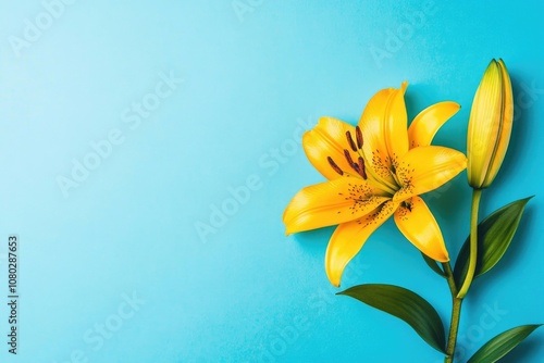 A bright yellow flower sits on a calm blue background, ideal for branding and design projects photo