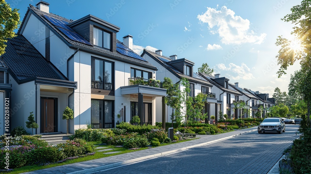 A street lined with modern homes featuring solar panels and lush gardens, showcasing eco-friendly architecture under a bright blue sky with scattered clouds. A street lined with modern homes featuring solar panels and lush gardens, showcasing eco-friendly architecture under a bright blue sky with scattered clouds.