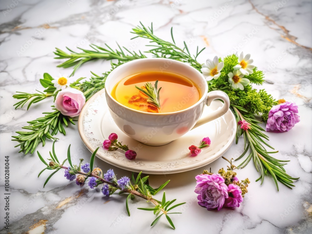 Serene Herbal Tea Experience: A Cup of Herbal Tea Infused with Rosemary and Colorful Flowers on a Polished Marble Background for Tranquil Moments and Aesthetic Inspiration Serene Herbal Tea Experience: A Cup of Herbal Tea Infused with Rosemary and Colorful Flowers on a Polished Marble Background for Tranquil Moments and Aesthetic Inspiration