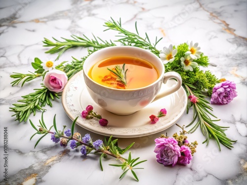 Serene Herbal Tea Experience: A Cup of Herbal Tea Infused with Rosemary and Colorful Flowers on a Polished Marble Background for Tranquil Moments and Aesthetic Inspiration