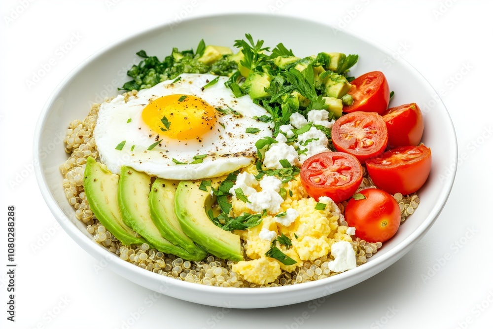 Quinoa bowl with fried eggs, avocado slices, cherry tomatoes, diced cucumber, and feta cheese. Healthy and nutritious meal concept