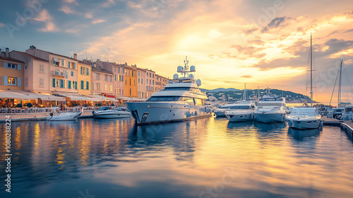 A luxurious yacht moored in a marina at Saint-Tropez surrounded by supercars and elegant beachfront restaurants.