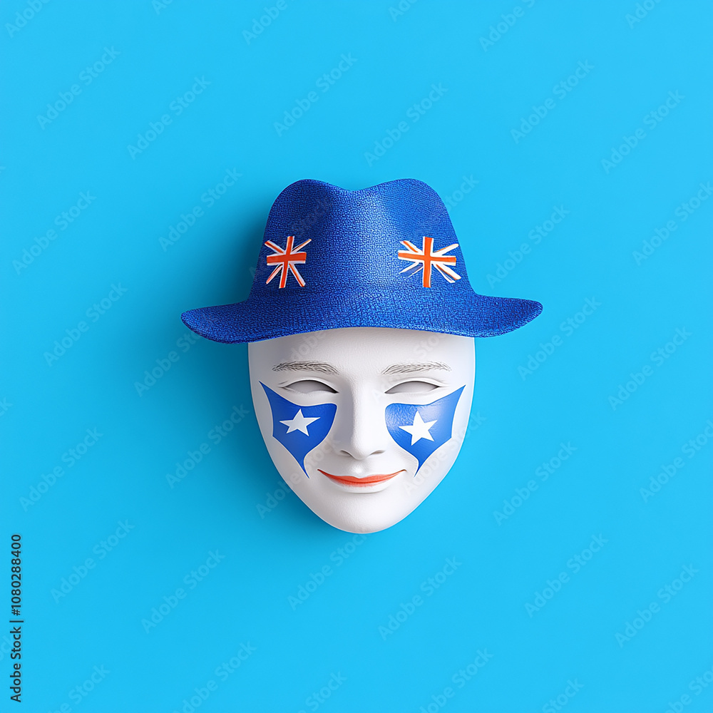 White mask with blue hat and stars painted on the cheeks, against a blue background. White mask with blue hat and stars painted on the cheeks, against a blue background.
