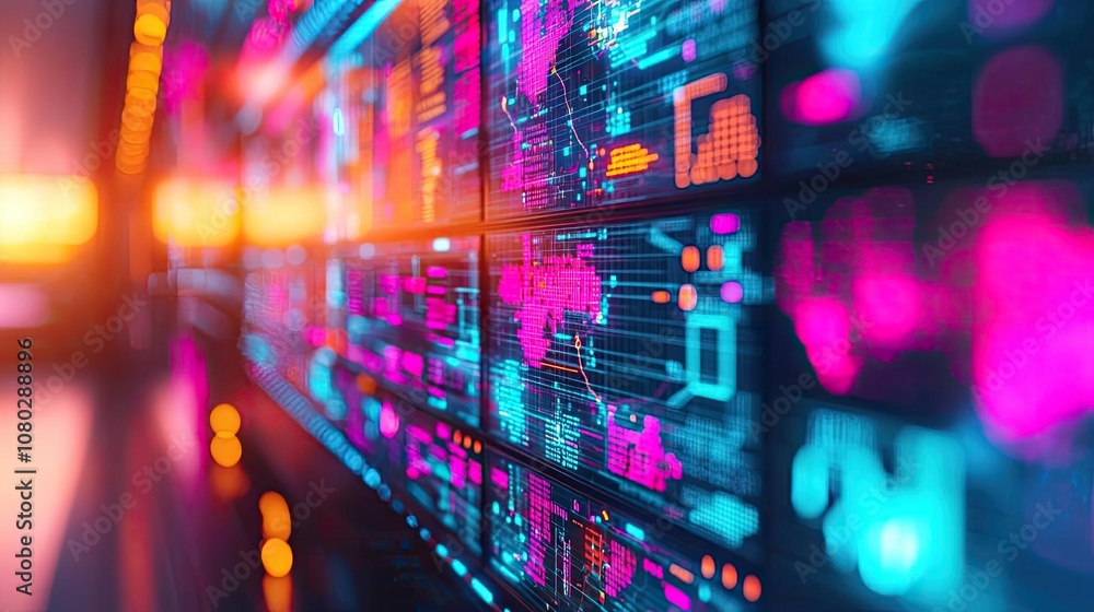 Colorful digital interface display with vibrant data visualization elements. Colorful digital interface display with vibrant data visualization elements.