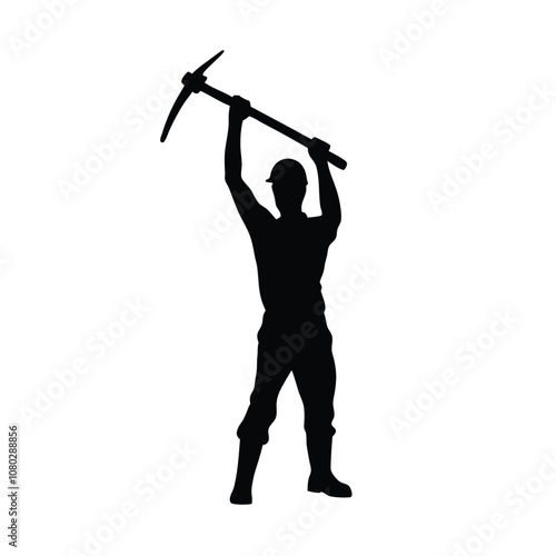 A man is holding a pickaxe and is wearing a hard hat. He is standing on a white background