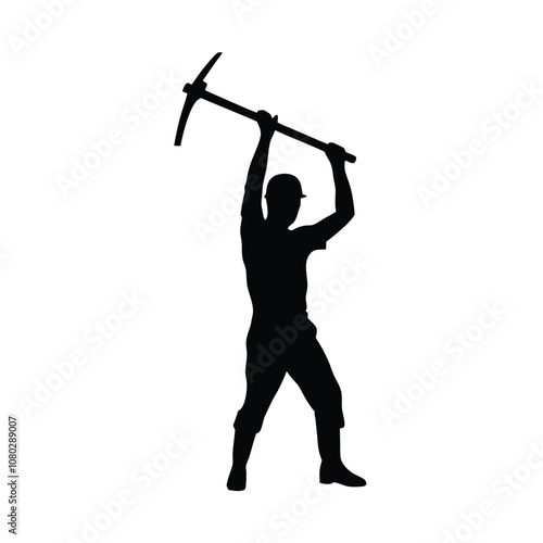 A man is holding a pickaxe and is wearing a hard hat. He is standing on a white background