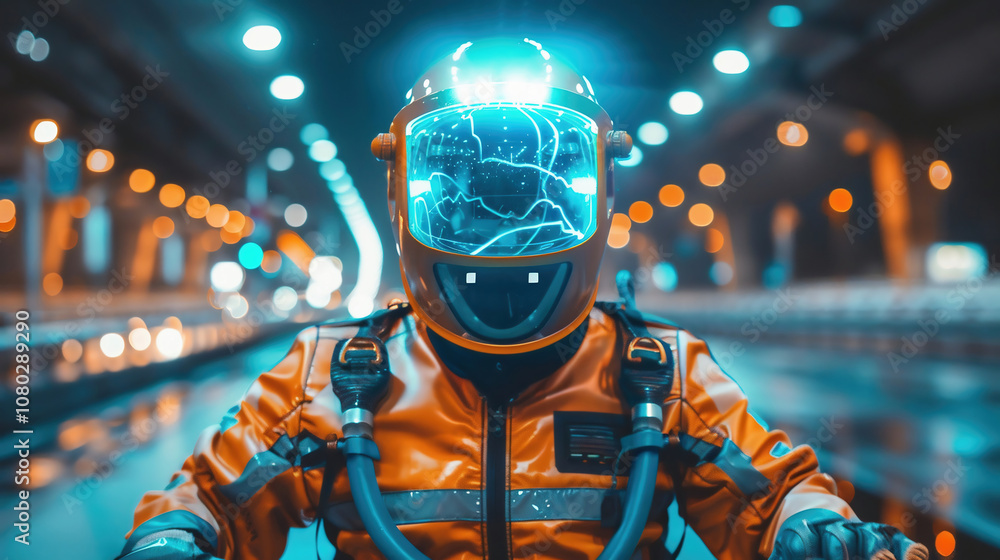 man in a helmet with electric discharges and a protective suit man in a helmet with electric discharges and a protective suit
