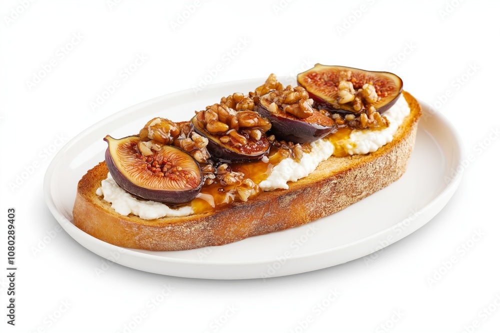 Toast with ricotta, fresh fig slices, walnuts, and honey drizzle on a white plate. Healthy breakfast or snack Toast with ricotta, fresh fig slices, walnuts, and honey drizzle on a white plate. Healthy breakfast or snack