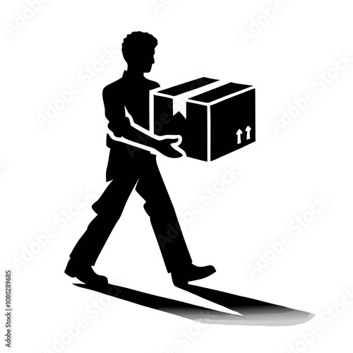 Man carrying box, focused attitude, indoors, black silhouette with white background