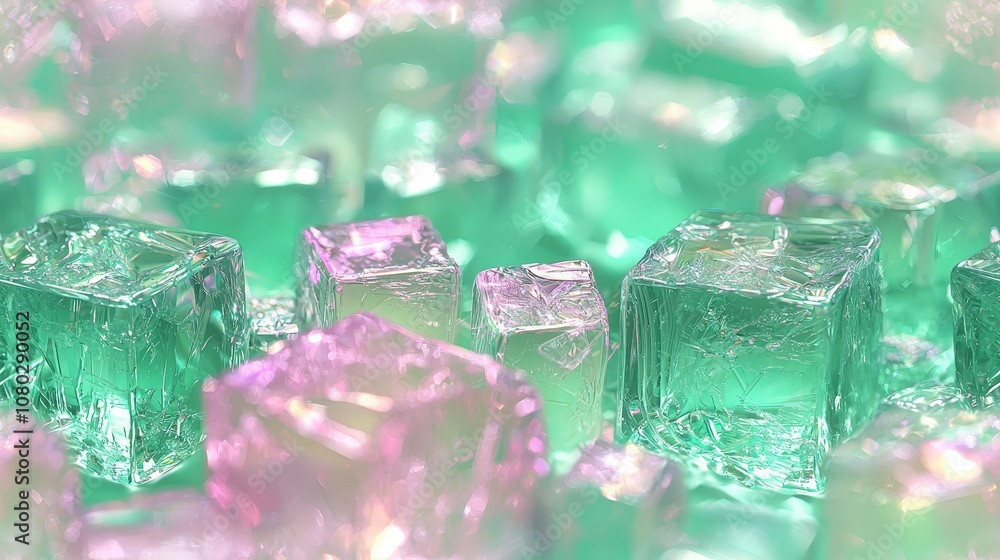Iridescent ice cubes with pink and green glow in luminous arrangement Iridescent ice cubes with pink and green glow in luminous arrangement