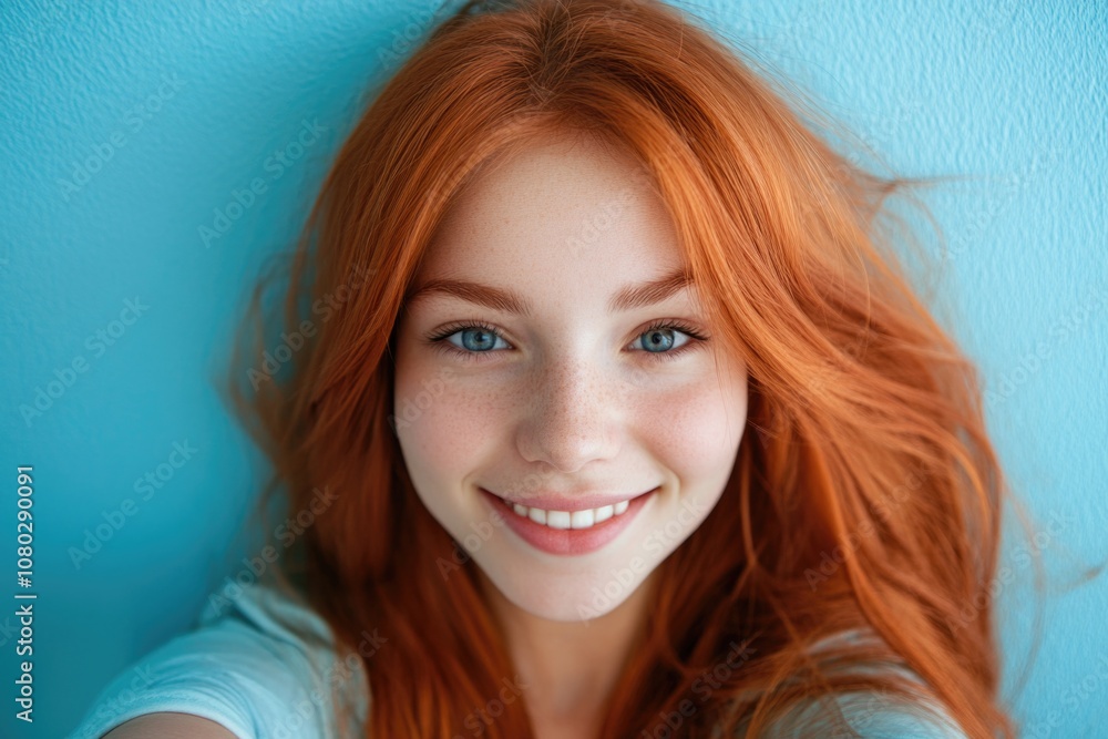 Fototapeta premium Portrait of a female with bright red hair and blue eyes, looking directly at the camera
