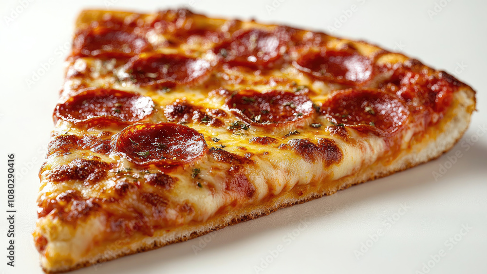 Close-up of a slice of pepperoni pizza with melted cheese and crispy crust Close-up of a slice of pepperoni pizza with melted cheese and crispy crust
