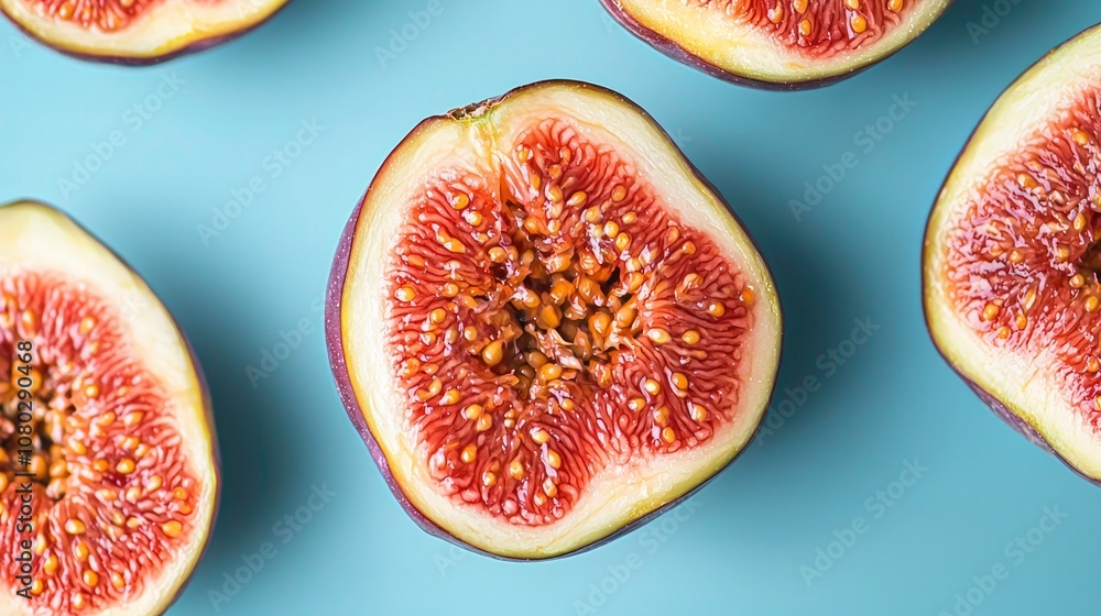 Freshly cut figs displayed on a vibrant blue background highlighting their juicy red interior and unique texture for a delicious summer treat Freshly cut figs displayed on a vibrant blue background highlighting their juicy red interior and unique texture for a delicious summer treat