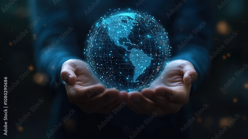 Fototapeta premium Hands holding a glowing digital globe, symbolizing global connectivity and technology. Concept of global, connectivity, and technology. 8k high Resolution
