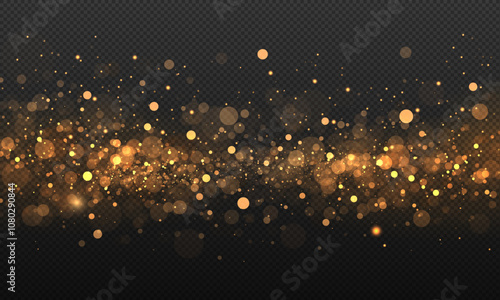 Abstract glowing christmas bokeh, defocused xmas light, sparkling golden particle, blur lens flare, gold dust sparkle and overlay texture photo effect isolated on dark transparent shiny background.