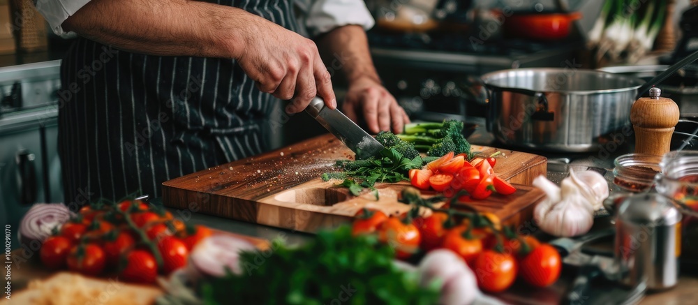 Chef Preparing Fresh Vegetables on Cutting Board Chef Preparing Fresh Vegetables on Cutting Board
