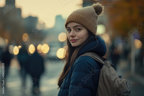 A young woman wearing a backpack and beanie on the move, possibly for an outdoor adventure