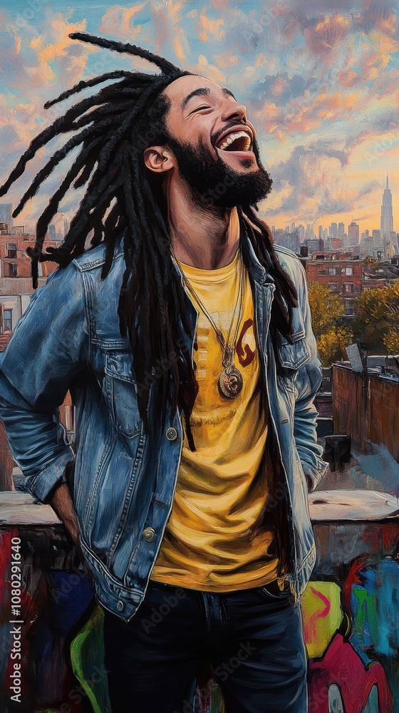 Laughing man with dreadlocks on rooftop Laughing man with dreadlocks on rooftop