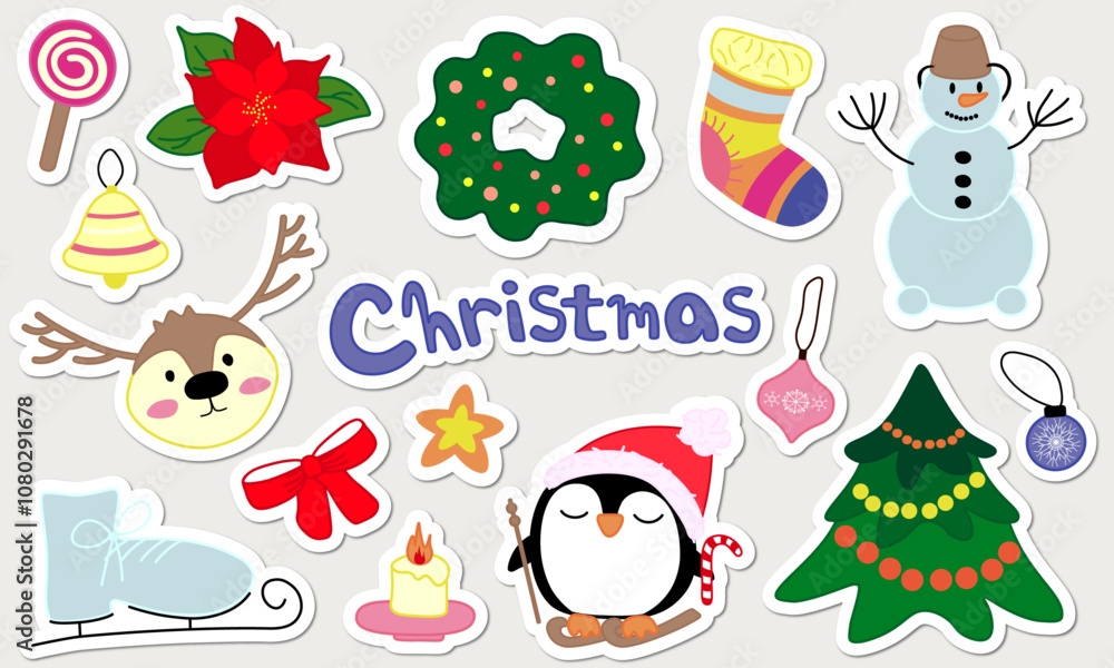Christmas stickers and new year stickers to create a mood, to create stickers, various designs, cards, invitations. Cute cartoon christmas new year stickers Christmas stickers and new year stickers to create a mood, to create stickers, various designs, cards, invitations. Cute cartoon christmas new year stickers