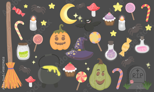 Stickers on the theme of Halloween that glow in the style of cartoons for decoration and a good mood, celebrating Halloween