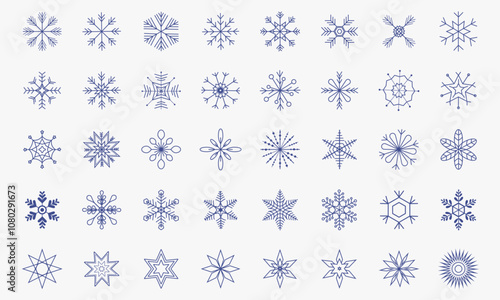 a set of hand-drawn snowflakes in the same style. for decorating, creating, websites. set of blue snowflackes on white background