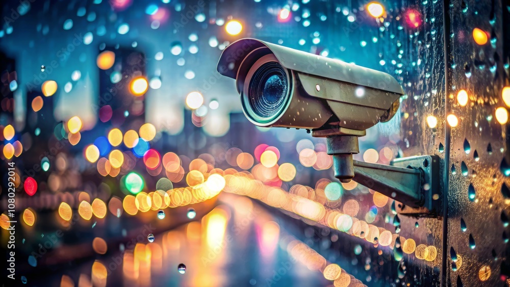 Surreal Scene of a Security Camera Captured in the Rain, Emphasizing Reflections and Atmosphere, Creating a Mysterious Yet Intriguing Visual Experience Surreal Scene of a Security Camera Captured in the Rain, Emphasizing Reflections and Atmosphere, Creating a Mysterious Yet Intriguing Visual Experience