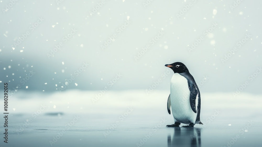 Fototapeta premium A lone penguin stands alert on a flat, icy landscape, with soft snowflakes gently falling around it.