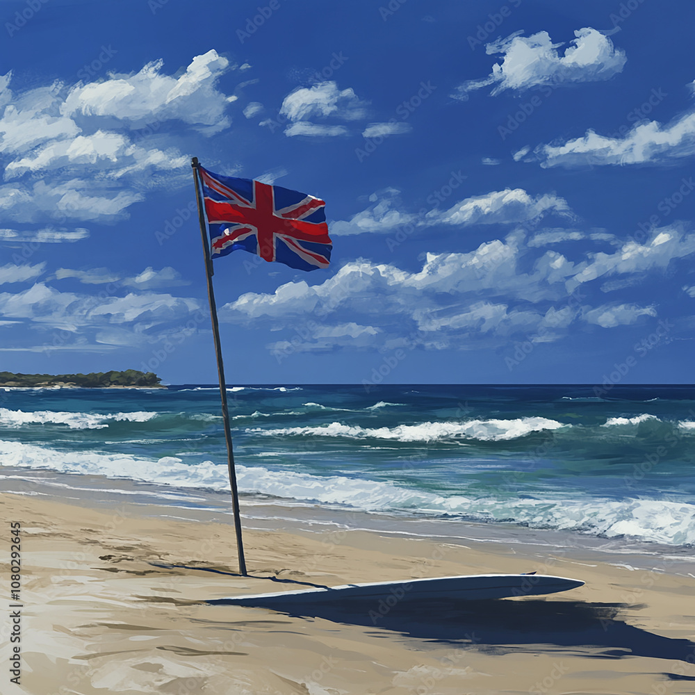 Fototapeta premium A British flag flying on a beach with blue sky and white clouds.