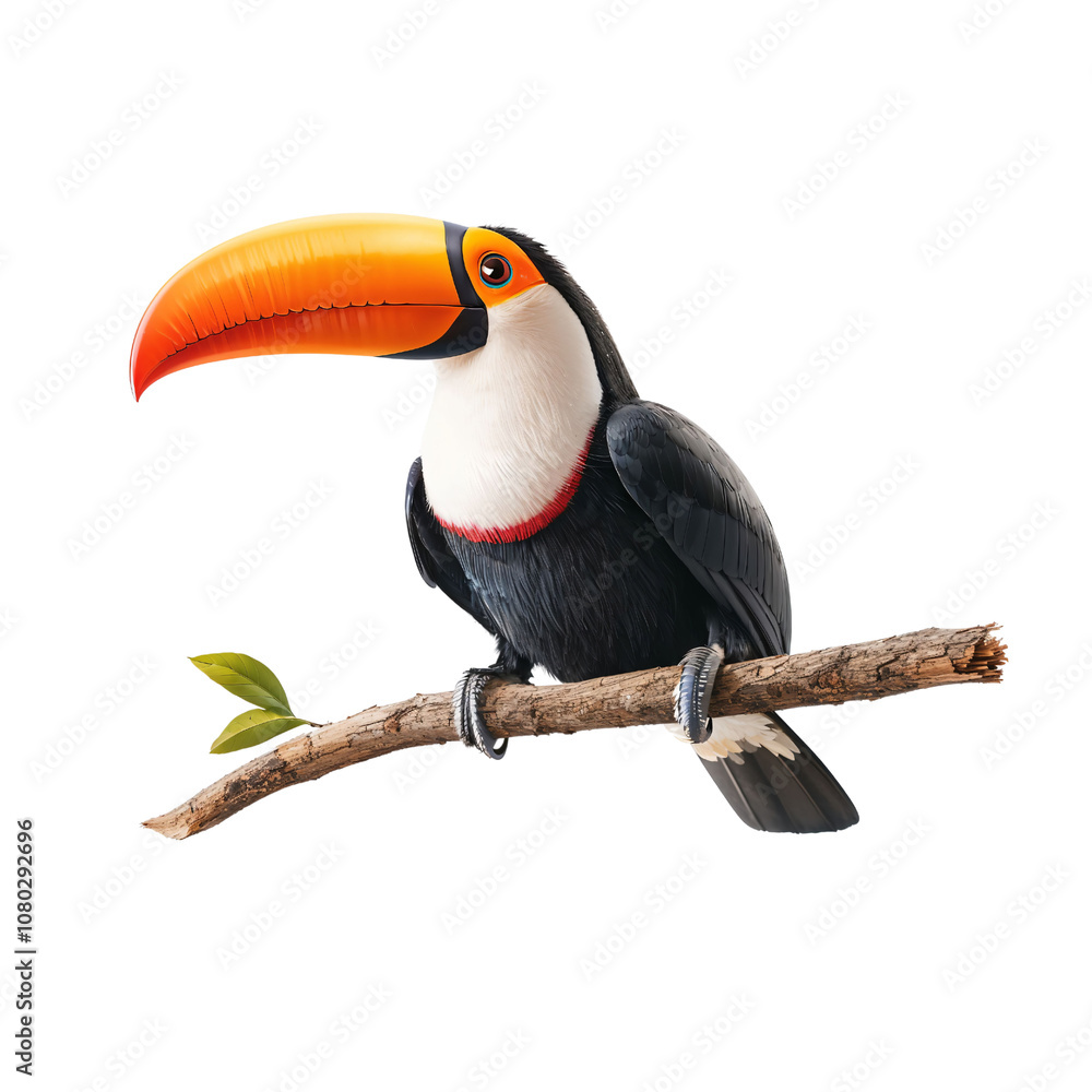 Fototapeta premium A vibrant toucan perched gracefully on a rustic branch, showcasing its iconic multicolored beak and striking feathers, amidst a serene and natural atmosphere, exuding tropical allure.