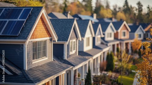 A beautiful suburban street lined with picturesque houses equipped with solar power systems, surrounded by autumn foliage, radiating charm and sustainability in living.