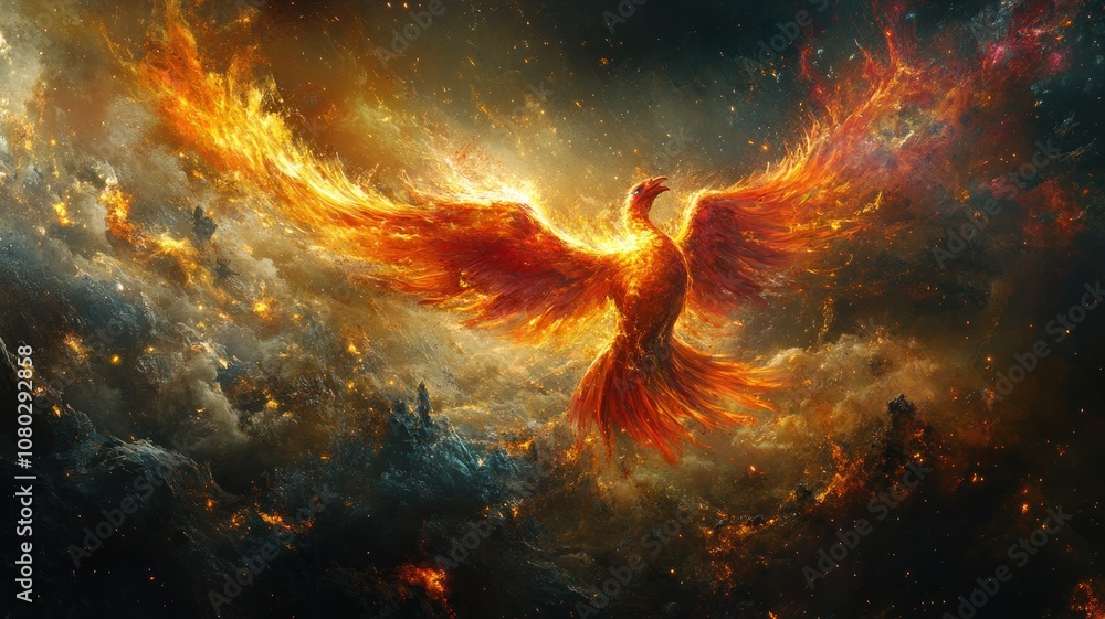 Obraz premium A fiery phoenix rises amidst a dramatic cosmic backdrop.