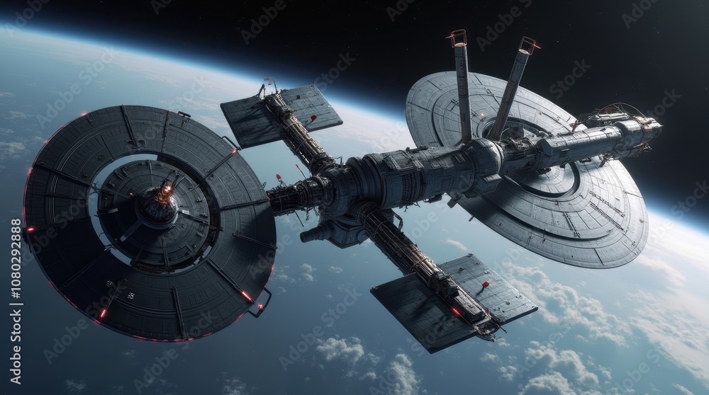A Futuristic Space Station with Rotating Rings and Docking Ports A Futuristic Space Station with Rotating Rings and Docking Ports