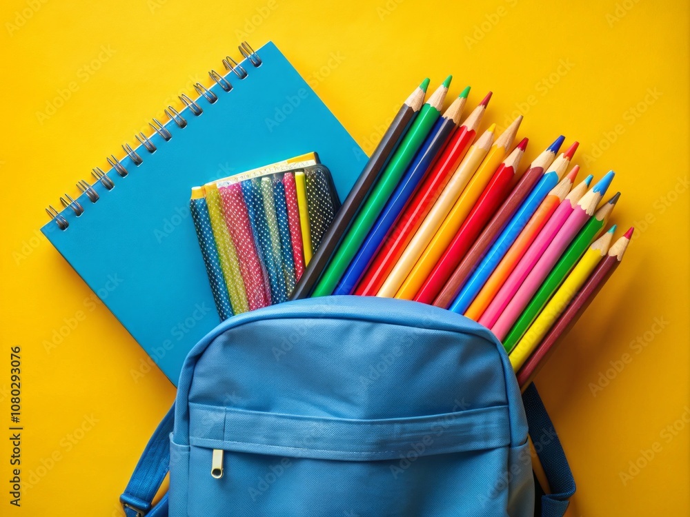 Vibrant Burst of Colorful School Supplies Emerging from a Blue Backpack on a Bright Yellow Background - Perfect for Back to School and Educational Themes Vibrant Burst of Colorful School Supplies Emerging from a Blue Backpack on a Bright Yellow Background - Perfect for Back to School and Educational Themes
