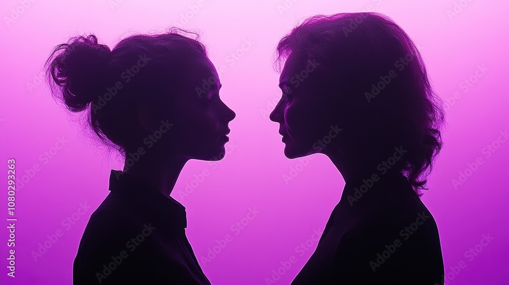 Two women facing each other in purple lighting Two women facing each other in purple lighting