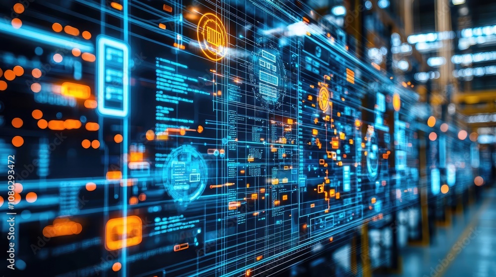 Obraz premium Futuristic digital interface with glowing data connections and analytics display.